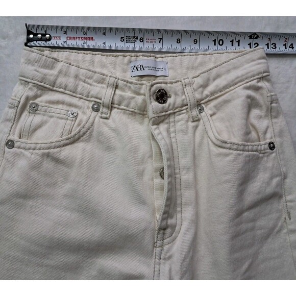 Zara Jeans Women's 2‎ Ivory Cream Button Fly Straight Leg High Rise Raw Hem - Picture 9 of 10